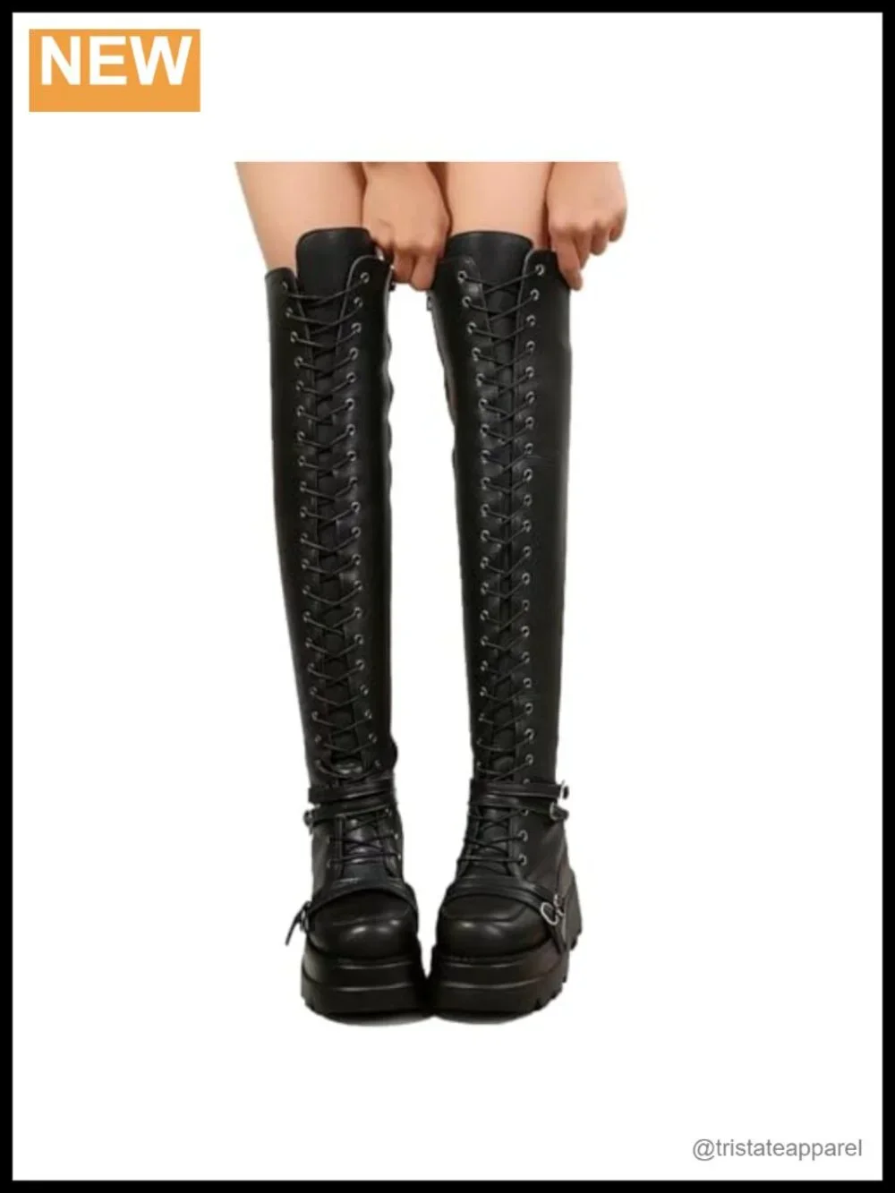 Goth Punk Thigh High Boots Women Over Knee Motorcycle Lace Up Chunky Heel